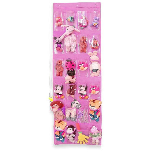 24 Clear Pockets Single-sided Over The Door Shoe Organizer Hanging Storage Bag with 3 Hooks - Pink