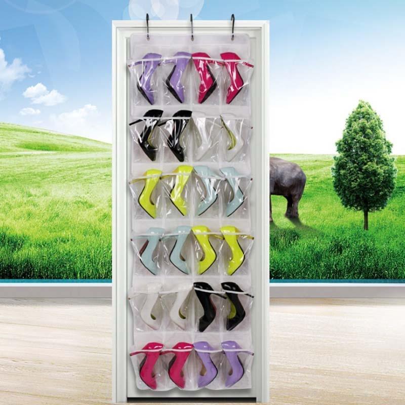 24 Clear Pockets Single-sided Over The Door Shoe Organizer Hanging Storage Bag with 3 Hooks - White