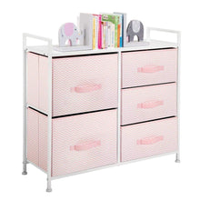 Load image into Gallery viewer, Top mdesign wide dresser storage tower furniture metal frame wood top easy pull fabric bins organizer for kids bedroom hallway entryway closets dorm chevron print 5 drawers pink white