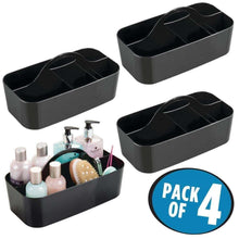 Load image into Gallery viewer, Products mdesign plastic portable storage organizer caddy tote divided basket bin with handle for bathroom dorm room holds hand soap body wash shampoo conditioner lotion large 4 pack black