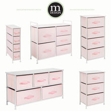 Load image into Gallery viewer, Try mdesign wide dresser storage tower furniture metal frame wood top easy pull fabric bins organizer for kids bedroom hallway entryway closets dorm chevron print 5 drawers pink white