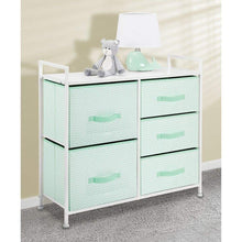 Load image into Gallery viewer, Organize with mdesign wide dresser storage tower furniture metal frame wood top easy pull fabric bins organizer for kids bedroom hallway entryway closet dorm chevron print 5 drawers mint green white