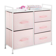Load image into Gallery viewer, Amazon best mdesign wide dresser storage tower furniture metal frame wood top easy pull fabric bins organizer for kids bedroom hallway entryway closets dorm chevron print 5 drawers pink white