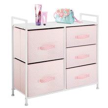 Load image into Gallery viewer, Amazon mdesign wide dresser storage tower furniture metal frame wood top easy pull fabric bins organizer for kids bedroom hallway entryway closets dorm chevron print 5 drawers pink white