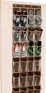 24 Pockets - SimpleHouseware Crystal Clear Over The Door Hanging Shoe Organizer, Brown (64'' x 19'')