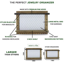 Load image into Gallery viewer, Online shopping wall necklace holder and jewelry organizer large rustic hanging display includes bracelet bar earrings grid 18 hooks and shelf perfect gift for bridal shower women girls or dorm room