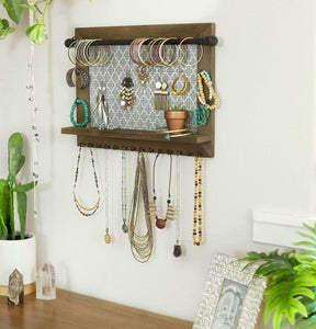 Organize with wall necklace holder and jewelry organizer large rustic hanging display includes bracelet bar earrings grid 18 hooks and shelf perfect gift for bridal shower women girls or dorm room