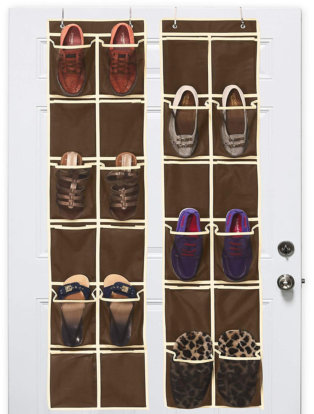 24 Pockets - SimpleHouseware 2-Pack 12 Six-Inch Large Mesh Pocket Over Door Hanging Shoe Organizer, Brown (58'' x 12.5'')
